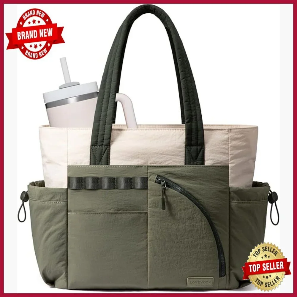 Large Quilted Tote Bag with Laptop Compartment, Waterproof Polyester, 9 Pockets